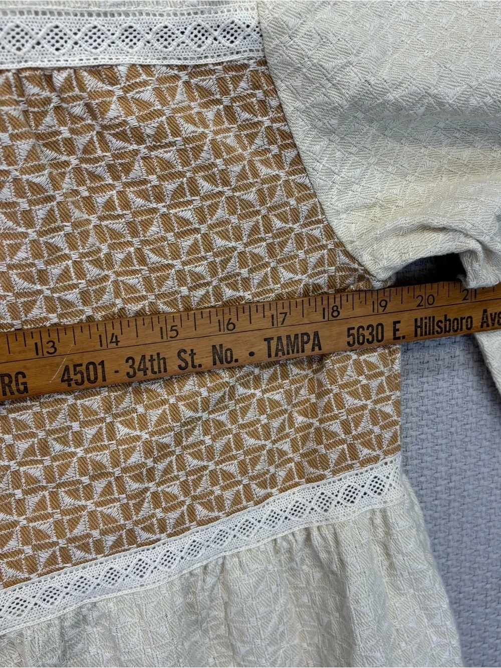 LOVELO Embroidered Color Block Collared Dress Cream Tan Med 100% Cotton Boho EUC